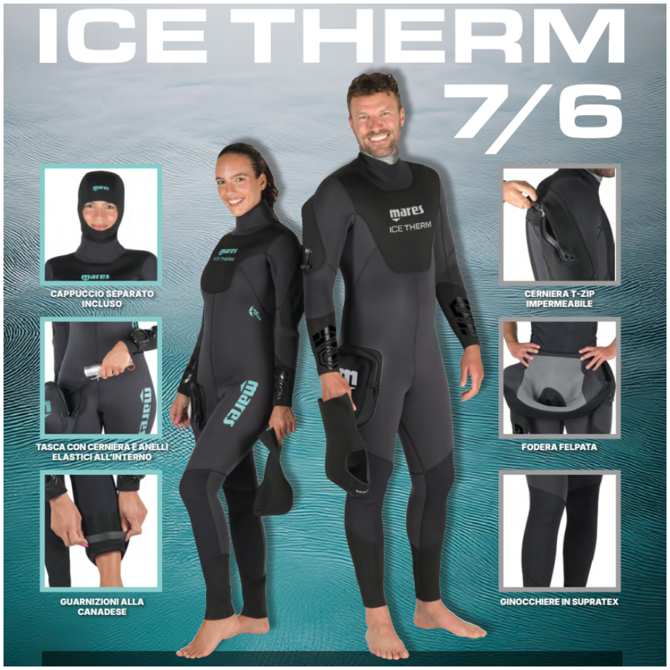 Muta semistagna Ice Therm 7/6 di Mares, indossata, nei modelli da uomo e da donna. Vista frontale